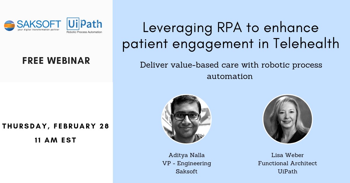 SaksoftLtd's tweet photo. Learn how to #automate and streamline #healthcare processes that traditionally require manual intervention with #roboticprocessautomation. Register for our webinar today - https://t.co/vIhHE9SUel #telehealth #RPA #bots #UiPath https://t.co/GSklcJk3Ii