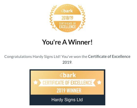 HardySignsLtd's tweet photo. We've been awarded a Certificate of Excellence 2019 as one of the best #signwriters from Bark.

Read More: https://t.co/SX1BfFG7Bo https://t.co/J9SJQREQ7w