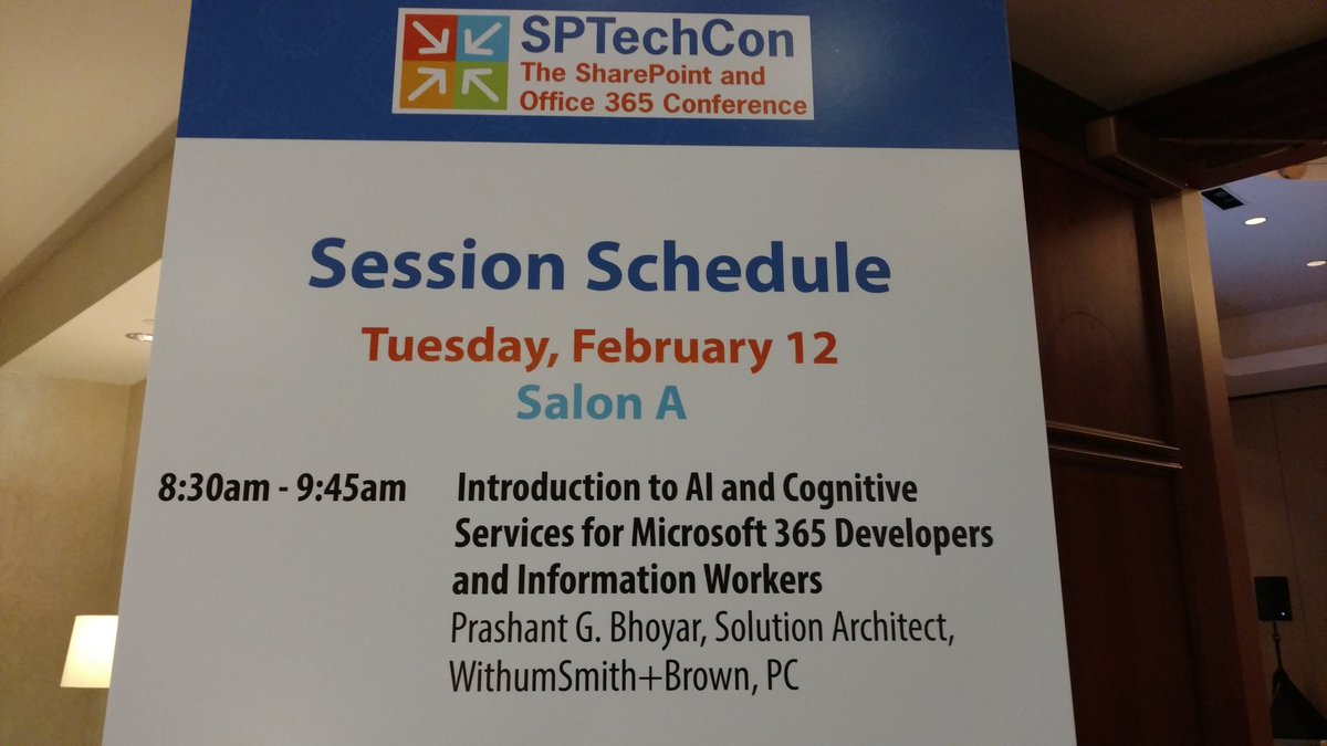 pgbhoyar's tweet photo. All set to talk about #AI & #CognitiveServices for #Microsoft365 #developers & #informationworkers at #SPTechCon @WithumDigital @WithumCPA @SPTechCon #ArtificialIntelligence #MachineLearning #Bots @Microsoft365 @SharePoint @OfficeDev @office365 #mvpbuzz https://t.co/Dv5PShacqN