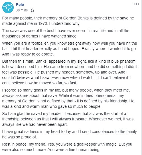Superb tribute from @Pele to the late Gordon Banks.
"I am glad he saved my header - because that act was the start of a friendship between us that I will always treasure."