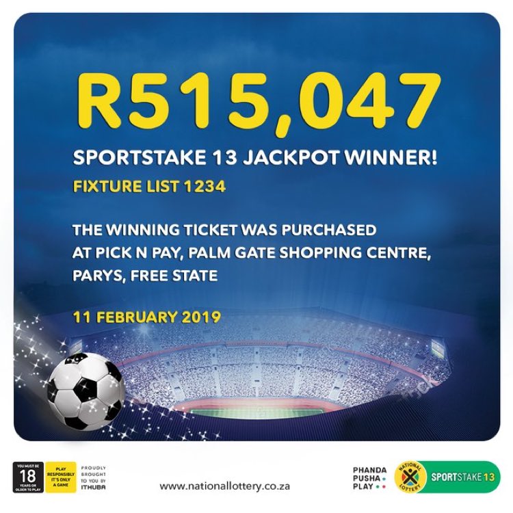 SPORTSSTAKE13's tweet photo. CONGRATULATIONS FREE STATE you have a #SPORTSTAKE 13 jackpot winner of R515,047 from #fixturelist 1234! #ProPick selection wager amount was R8!
Draw Date: Monday 11 February 2019 #IfIWinPowerball https://t.co/7yPBDRpmxj