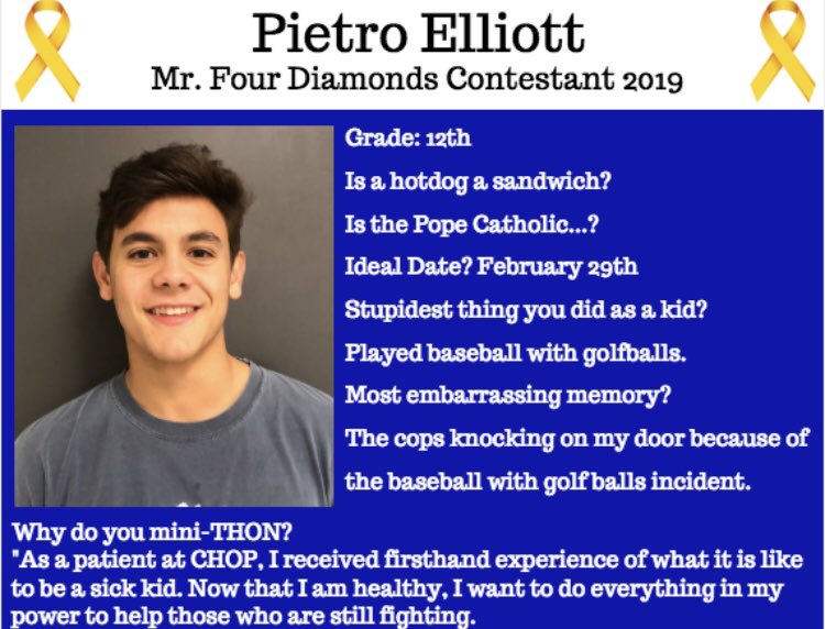Today we recognize Mr. Four Diamonds candidate Pietro! Pietro is super excited to be a part of the talent show this year, and he wants YOU to come watch him on Feb 23rd. 💠🎗💙