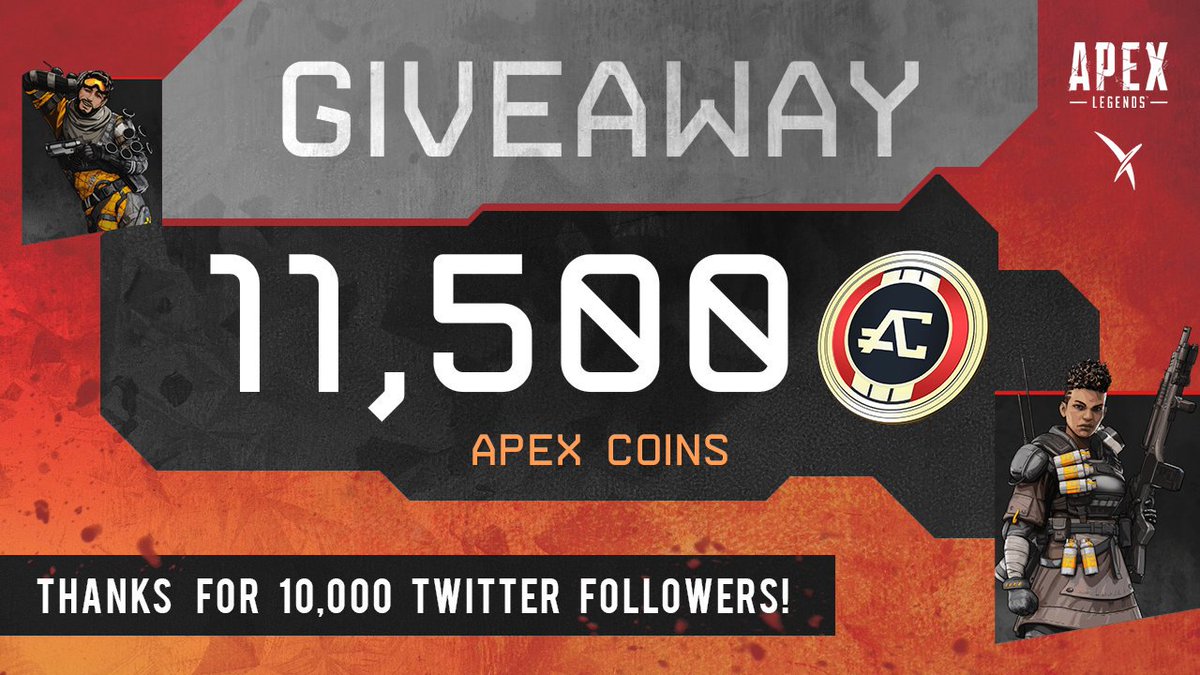 CCEUCX's tweet photo. To celebrate reaching 10,000 twitter followers, I'm partnering with @Vexed_GG to do a huge giveaway of 11,500 Apex Coins!

Follow: @VEXED_GG - @Apex_Intel- @DrSodiumTV
Like + Retweet this tweet!
Tag your Apex Legends Squad!

Enter here: https://t.co/HpwCE84RHK https://t.co/8yGujn4TLT