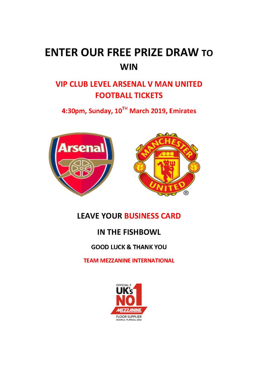MiTekMezzanine's tweet photo. Do you want the chance to win two #ClubLevel tickets to see #Arsenal vs #ManchesterUnited at the #Emirates Stadium on Sunday 10th March?!?  - come and visit us at #Stand640 at the @IntraLogisteX exhibition! 

#Football #Competition #ExhibitionCompetition #MezzanineInternational https://t.co/74yWCTpAut
