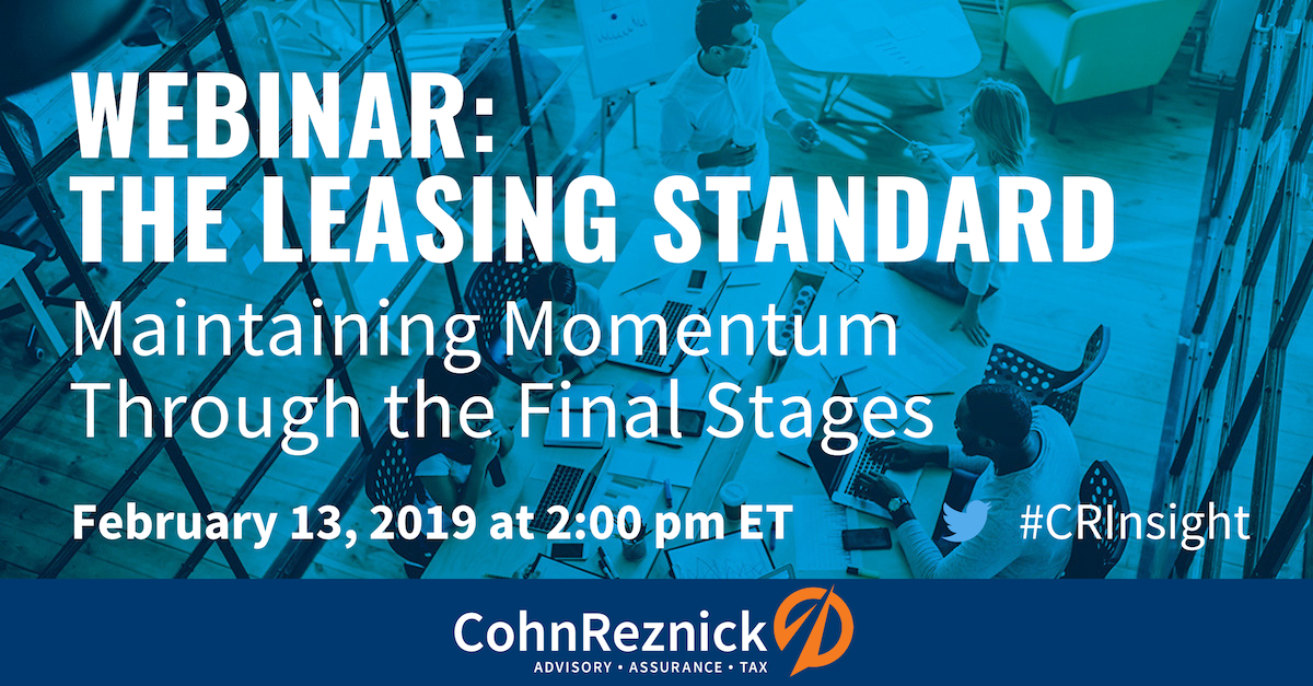 CohnReznick's tweet photo. Don't miss tomorrow's webinar as we continue the discussion on #FASB's new leasing standard. We will share the importance of preparation &amp; highlight risks that may delay implementation. Join us! https://t.co/gk9uKn4cAg https://t.co/NMH7e1OT7H