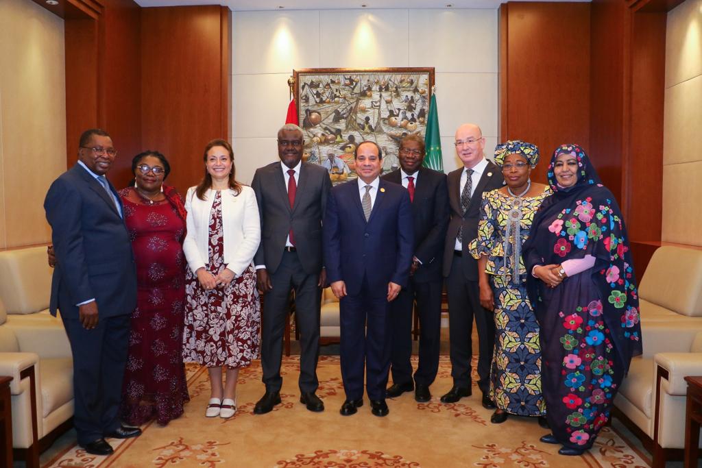 AUC_MoussaFaki's tweet photo. Honoured to have the Chairperson of the Union, Pres @AlsisiOfficial address his first Commission meeting today alongside myself, deputy Chairperson @AU_KwesiQuartey,  and Commisioners . https://t.co/fWnPmrPa0h