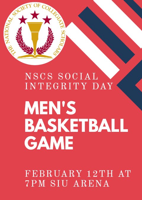 NSCS_SIUC's tweet photo. Social Integrity Day! Join us as we support the Men's basketball team tonight. Meet by the Student Entrance at 6:30pm. Game starts at 7pm. #NSCSIntegrity https://t.co/V4aXwA6eTN
