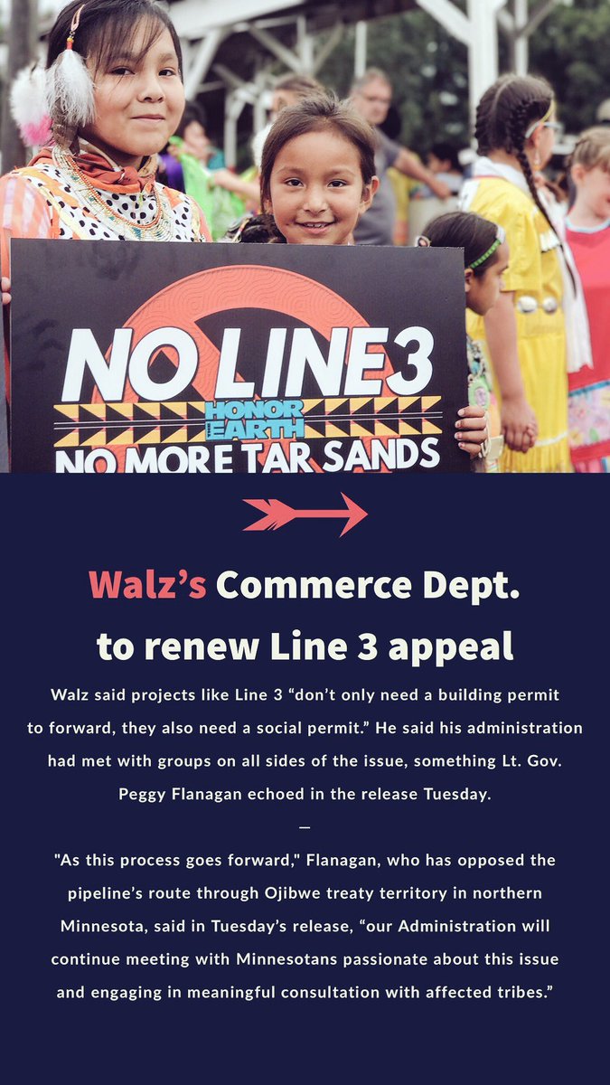 Miigwech @GovTimWalz & @LtGovFlanagan for standing with the MN DOC’s appeal of the decision to approve Enbridge’s Line 3 ✊🏽❤️ The economics don’t support Line 3, the risks shouldn’t be borne by Minnesotans or tribal nations & 1/5 of the world’s freshwater! #StopLine3