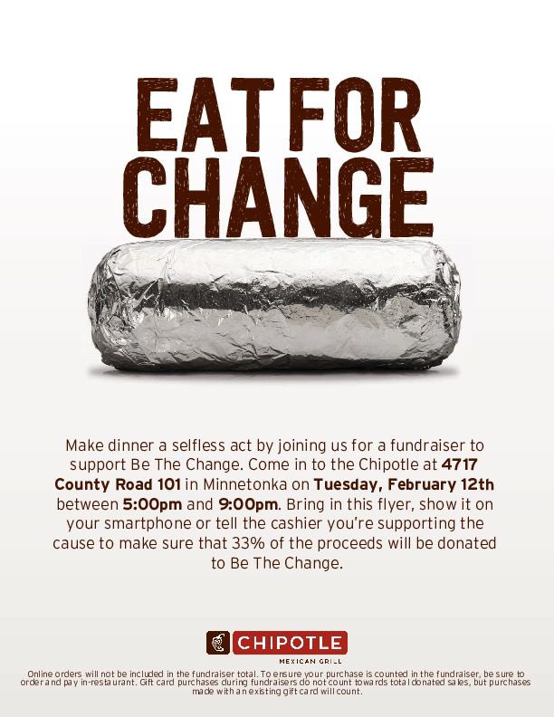 the chipotle fundraiser for be the change is tonight from 5-9!! stop by the chipotle by the high school (7 and 101) to get some food and support BTC!! make sure to mention be the change when you are paying 🌯🥙🌮