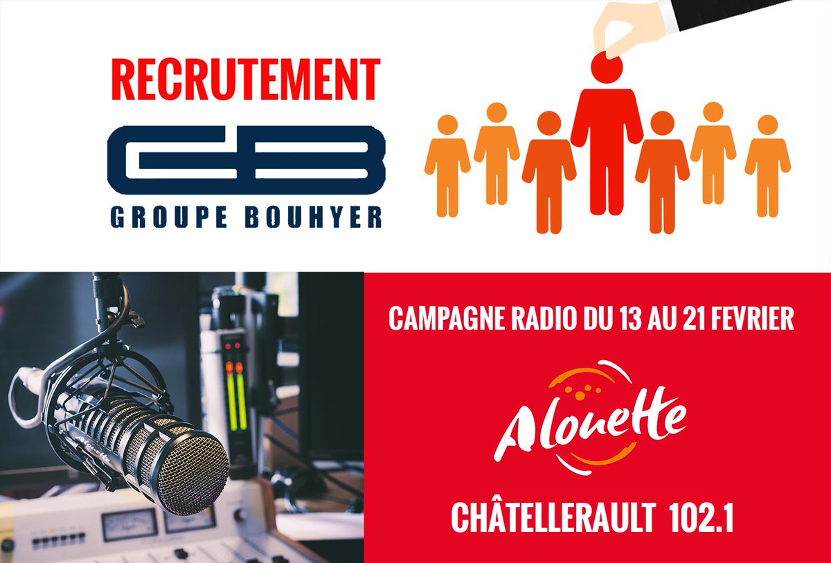 <a href="/GroupeBouhyer/">Groupe Bouhyer</a> diffuse sur <a href="/AlouetteRadio/">Alouette Radio</a> du 13 au 21 février 2019 une campagne sur les recrutements en cours. Ces spots seront diffusés sur le pays de <a href="/Chatellerault86/">VilleChatellerault</a> et relayés sur notre site Internet bouhyer.com/recrutements/ .