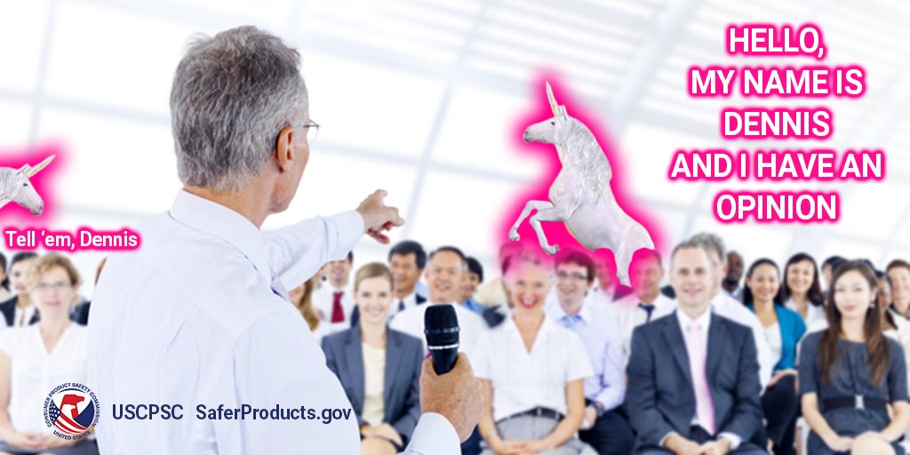 A town hall. A man calls on a unicorn. The unicorn stands. The text reads: Hello, my name is Dennis and I have an opinion. A second unicorn emerges from the corner and says, "Tell em, Dennis."