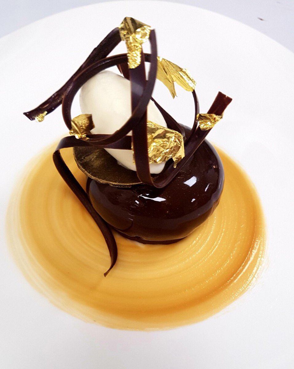 StGeorgesTce's tweet photo. Zephyr Caramel, Gold Leaf, Milk Sorbet #teamsgt @RedmondFineFood @CocoaBarry @MichelinGuideUK #chocolate https://t.co/3bclBna2fB