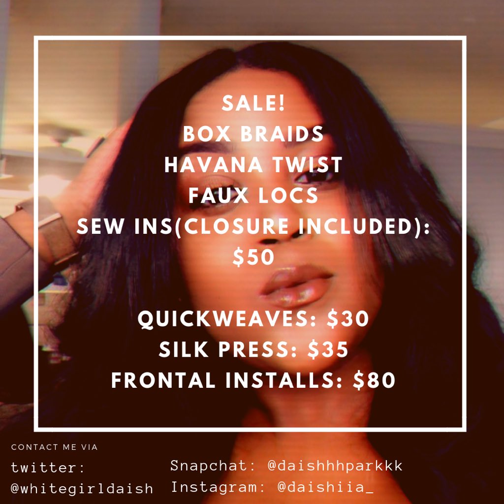 __DPARKS__'s tweet photo. Hey ladies! I am almost fully booked for the rest of the week! Book your appointments today as I have extended the sale until Saturday! Dm about openings! https://t.co/qm9ZJbkVY8