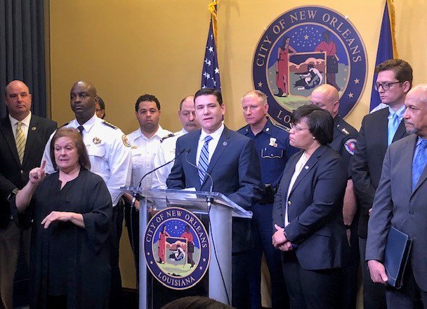 FBINewOrleans's tweet photo. Today, #FBI NOLA SAC Eric Rommal joined Mayor Cantrell, #NOPD Chief Ferguson, #LAStatePolice Col. Reeves, and city leaders to roll-out the city's enforcement & safety plan for #MardiGras 2019. SAC Rommal asked residents/tourists to remain vigilant and report suspicious activity. https://t.co/2HTqJfMitH