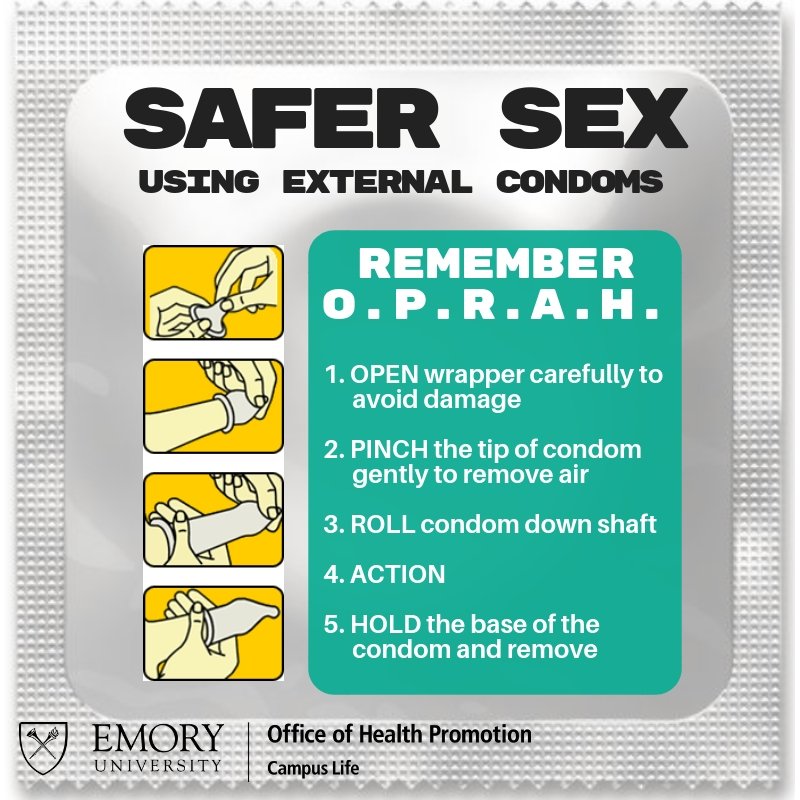 BeWellExcel's tweet image. Do you know how to properly use a condom? Use the OPRAH method! When used properly, external condoms can protect against STIs, HIV, and unplanned pregnancy. #safersexemory #bewellexcel