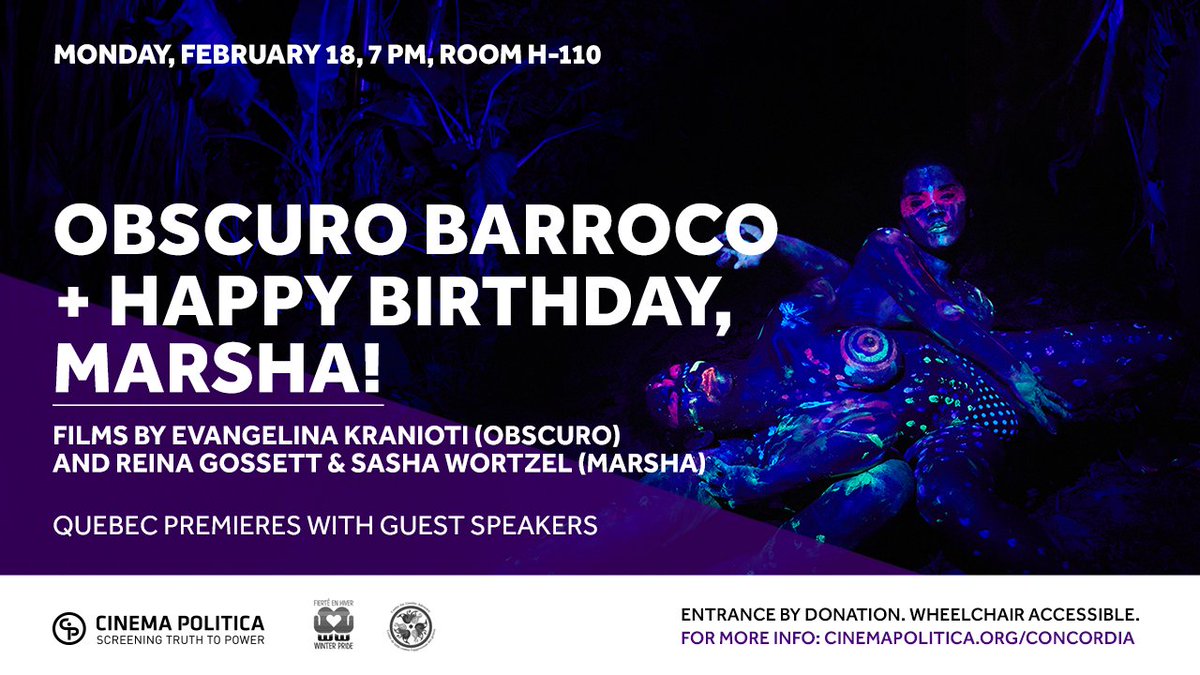 alt.theatre (@alt_theatre) on Twitter photo Hate Mondays? The best way to end them is with <a href="/CinemaPolitica/">Cinema Politica</a>'s weekly screenings! Don't miss OBSCURO BARROCO and HAPPY BIRTHDAY, MARSHA! next Monday at 7PM. From Rio de Janiero to New York City to the halls of <a href="/Concordia/">Concordia University</a>, follow the lives of two iconic trans figures in history. Hate Mondays? The best way to end them is with <a href="/CinemaPolitica/">Cinema Politica</a>'s weekly screenings! Don't miss OBSCURO BARROCO and HAPPY BIRTHDAY, MARSHA! next Monday at 7PM. From Rio de Janiero to New York City to the halls of <a href="/Concordia/">Concordia University</a>, follow the lives of two iconic trans figures in history.