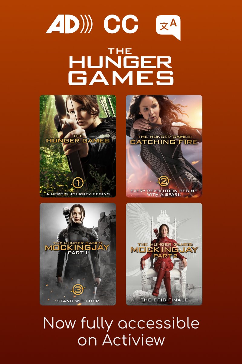 The ENTIRE <a href="/TheHungerGames/">The Hunger Games</a> series is now live on Actiview with Audio Description, Captioning, Translations, and Amplified Audio for free! You can also use the app to get a special discount code to buy each movie for only $3! #a11y activiewapp.com