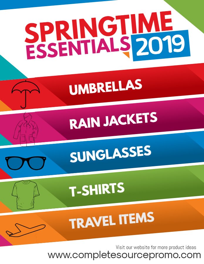 Complete_Source's tweet photo. It's a good time to get in the Springtime set of mind! ☀️ Here are some common springtime essentials to think about for 2019. Personalize these with your company or event logo!
#dreamingofspring #brand #swag #promotionalproducts
Visit https://t.co/HAxyLoMpgs for more ideas. https://t.co/X5ivKmOyzq