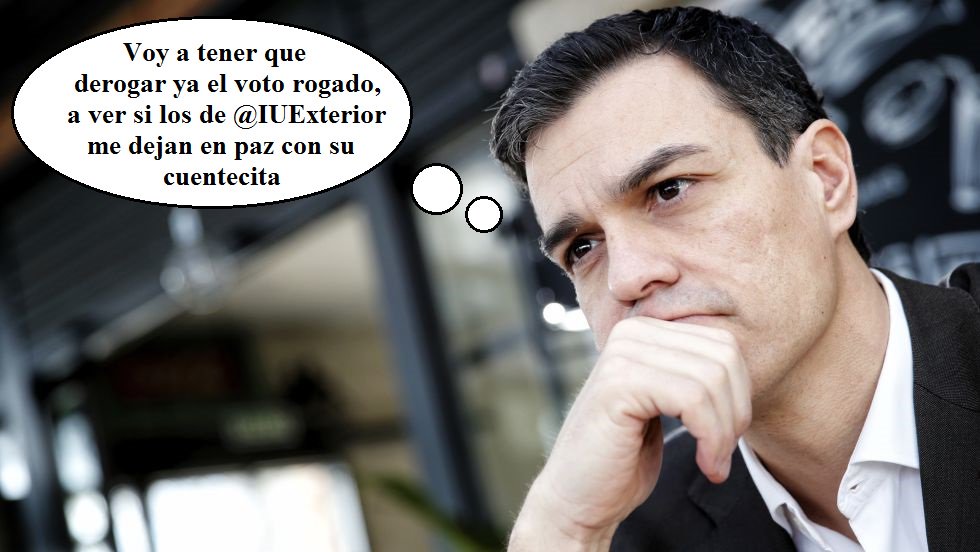 IUExterior's tweet photo. Hoy se debaten los #PGE2019, pero hay algo que tiene que aprobarse haya presupuestos o no y antes de cualquier convocatoria electora: el fin del voto rogado.
Venga @sanchezcastejon #NoTeHagasDeRogar y deja de pensártelo. Quedan 103 días para el #26M https://t.co/nZ5muCqjaO