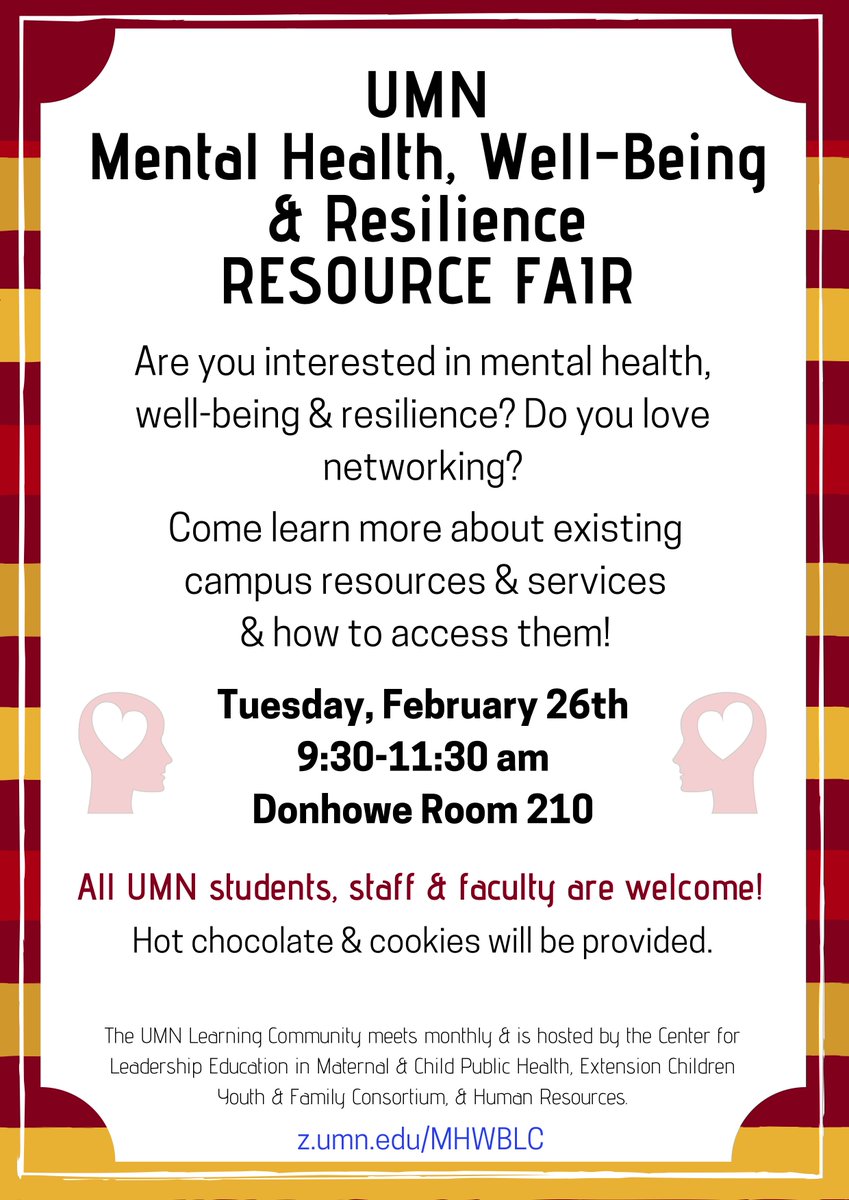 Remember, join CYFC on February 26th for the Learning Community Resource Fair from 9:30am-11:30am in Donhowe Room 210! Come share resources, experiences, and learn about mental health initiatives on campus.