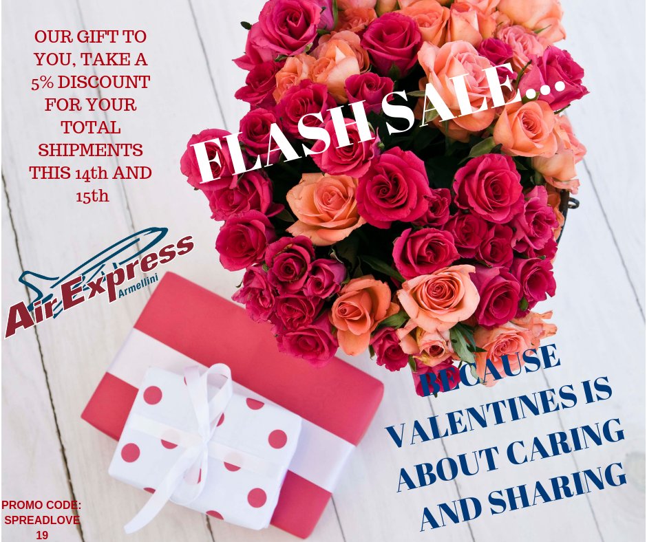 ArmelliniAirExp's tweet photo. This is the loving season, use promo code to get 5% off your shipments this thursday and friday. #SharingIsCaring #FlashSale #FlowerPower #SpreadLove19🌹❤️🌺 https://t.co/R5bktbyLf7