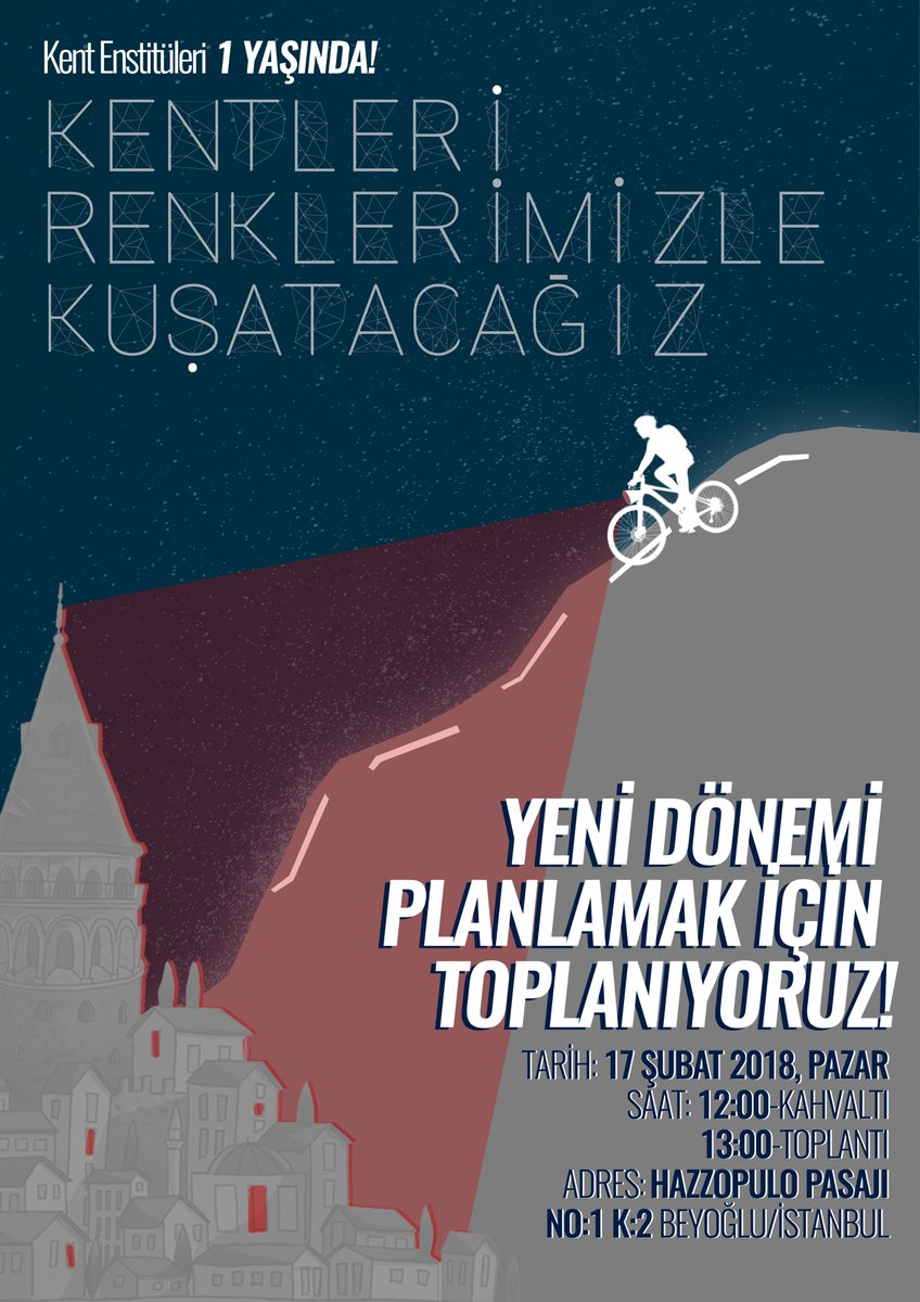 Kent Enstitüleri 1 yaşında!
İkinci yılımıza başlarken yeni dönem planlarımızı, önümüzdeki okulları, komisyonları, hedeflerimizi konuşmak üzere toplanıyoruz. Herkesi bekliyoruz!

📅 17 Şubat 2019, Pazar
⏰ 12:00
📍 Hazzopulo Pasajı, No:1 Kat:2

#KentleriRenklerimizleKuşatacağız