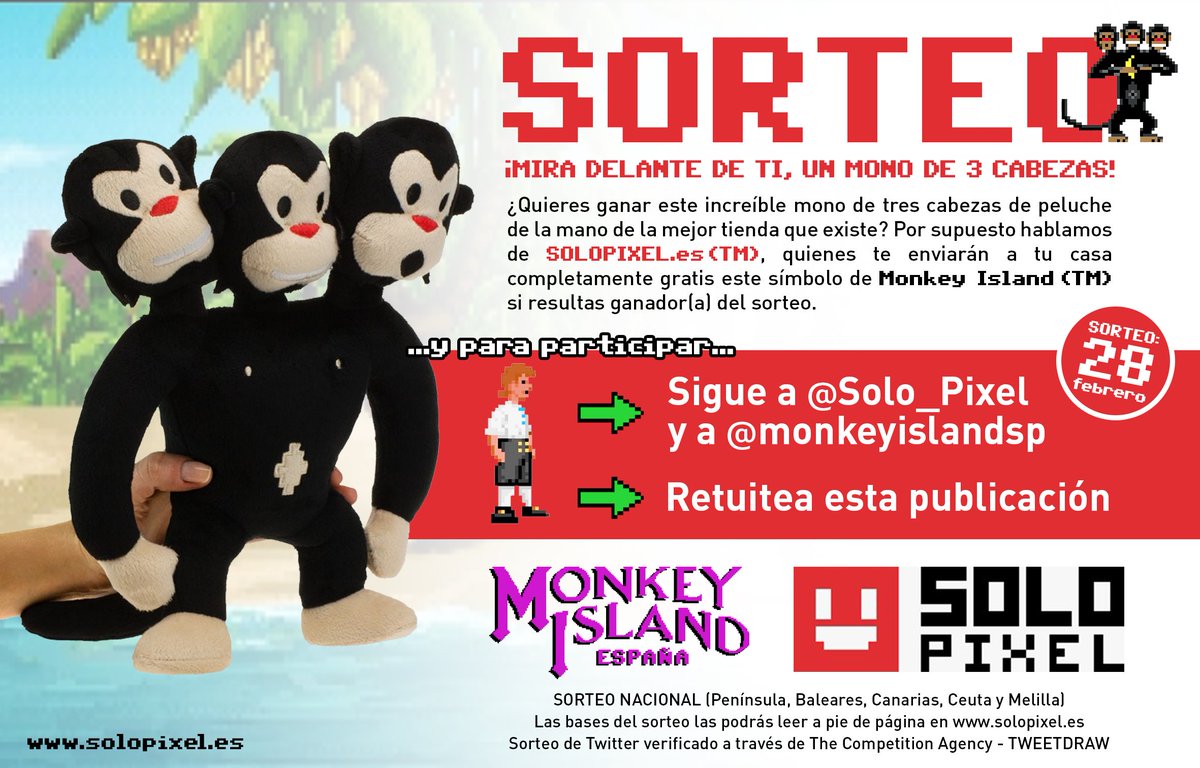 MIRA DETRÁS DE TI ¡UN SORTEO DE 3 CABEZAS!
¿Quieres ganar este increíble Mono de 3 Cabezas de la mano de @Solo_Pixel?
Sólo tienes que
1. Seguir las cuentas de <a href="/monkeyislandsp/">Monkey Island España</a> y @Solo_Pixel
2. Hacer RT de esta publicación
¡El proximo día 28/02 tendremos ganador/a!
¡SUERTE PIRATAS!