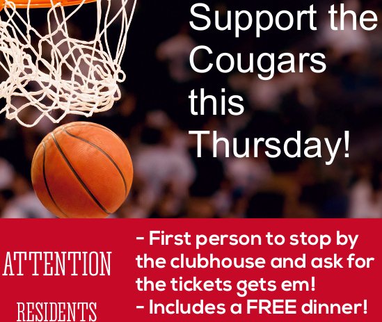 EnclaveLiving's tweet photo. Support the Cougars this Thursday! The first person to stop by the clubhouse and ask for a pair of VIP tickets gets em! https://t.co/bzD4TLpLpI