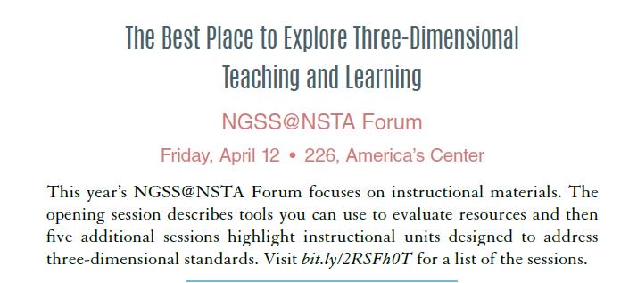 caroyce's tweet photo. #ThingsToDoTuesday @NSTA Attend the 3-D Forum organized by NGSS@NSTA.  This forum will have different sessions and speakers throughout.  What questions do you hope they address releated to 3D Learning?  #NSTA19 https://t.co/XI8Wfelzxx