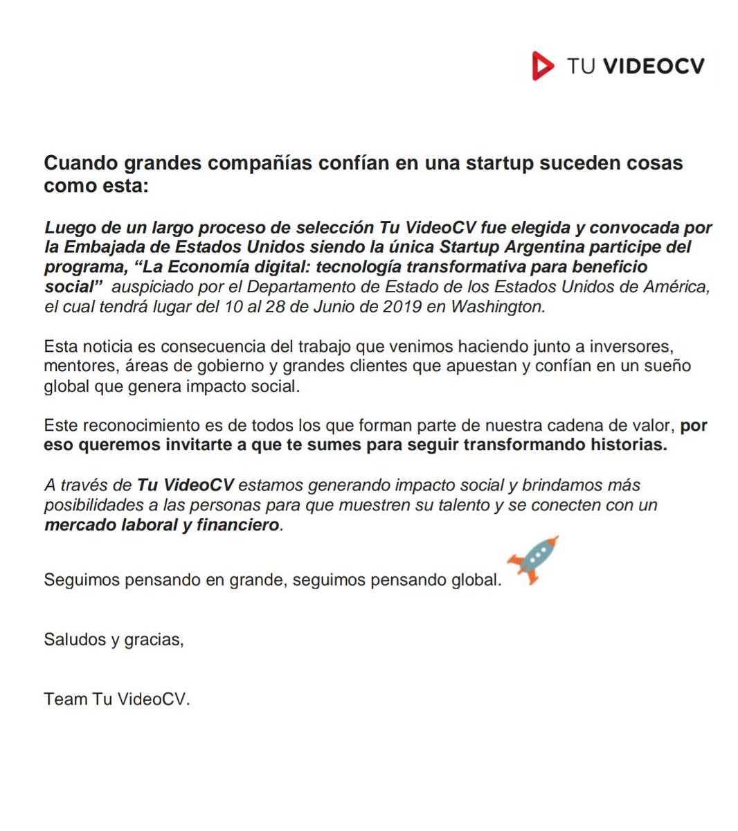 Estamos Felices! Luego de un largo proceso, nuestra CEO <a href="/agustinajait/">Agustina Jait</a> fue seleccionada por la <a href="/EmbajadaEEUUarg/">Embajada de EEUU en Argentina</a> para representarnos en el programa "Tecnología transformativa para beneficio social". Vos que esperas para sumarte y seguir transformando vidas? Te esperamos!