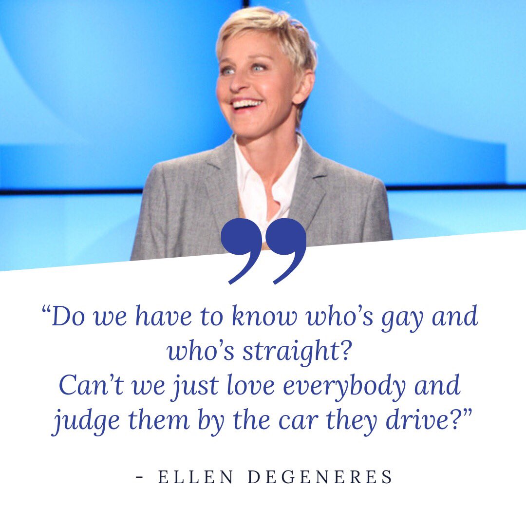 cusagsrc's tweet image. Quote of the Week: Ellen DeGeneres
“Do we have to know who’s gay and straight? Can’t we just love everybody and judge them by the car they drive?”
•
[image description] Ellen on stage with blue background.