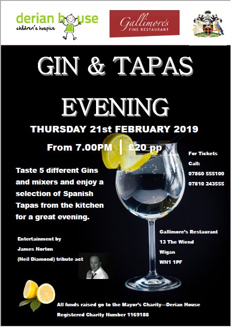 Gallimores's tweet photo. We've had a lot of interest in our Gin and Tapas night in aid of @DerianHouse
Get your tickets now to avoid disappointment! Call 07860555100 or 07810243555 π±
#GinAndTapas
#CharityEvent
@GalleriesWigan https://t.co/EXQG5CF0ES