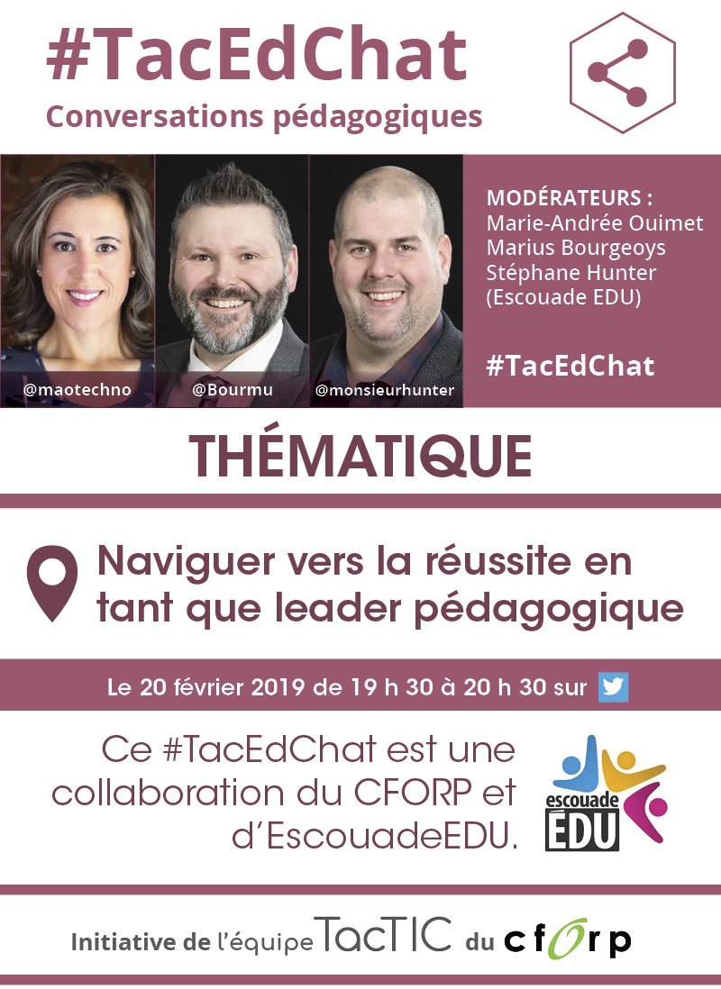 LeCentrefranco's tweet photo. Le leadership pédagogique vous intéresse? Participez en grand nombre au #TacEdChat du 20 février 2019 à compter de 19 h 30! La causerie sera animée par l’équipe d’@escouadeEDU en collaboration avec l’équipe d’accompagnement du CFORP. #CFORP #ONfr https://t.co/3EL1lxuGZL