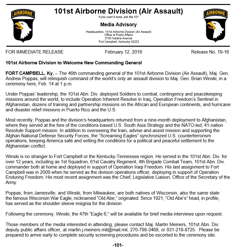 101stAASLTDIV's tweet photo. Media Advisory: 101st Airborne to Welcome New Commanding General

The 46th commanding general of the @101stAASLTDIV, Maj. Gen. Andrew Poppas, will relinquish command of the world’s only air assault division to Maj. Gen. Brian Winski, in a @FortCampbell ceremony, Feb. 14 at 1 p.m. https://t.co/jAereqcTcE