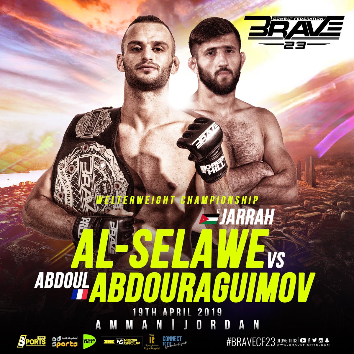 bravemmaf's tweet photo. Jarrah Al Selawe will put his title on the line as Brave CF comes back to Jordan on April 19th. Brave Welterweight Champion will face the toughest challenge of his career as he takes on the undefeated @abdouraguimov at the main event of the evening.
#BraveCF23 #BraveJordan https://t.co/G8nVZghgxe