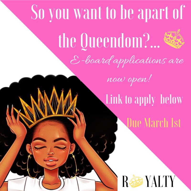 royaltyosu's tweet photo. Hey Ladies! E-board applications for Royalty are now open! Feel like you can bring great ideas to the table? Apply now! Applications will close on March 1st so don’t wait!! 💕👑 https://t.co/gr88f2ooI5 #royaltyosu https://t.co/Ut2el4OZiM