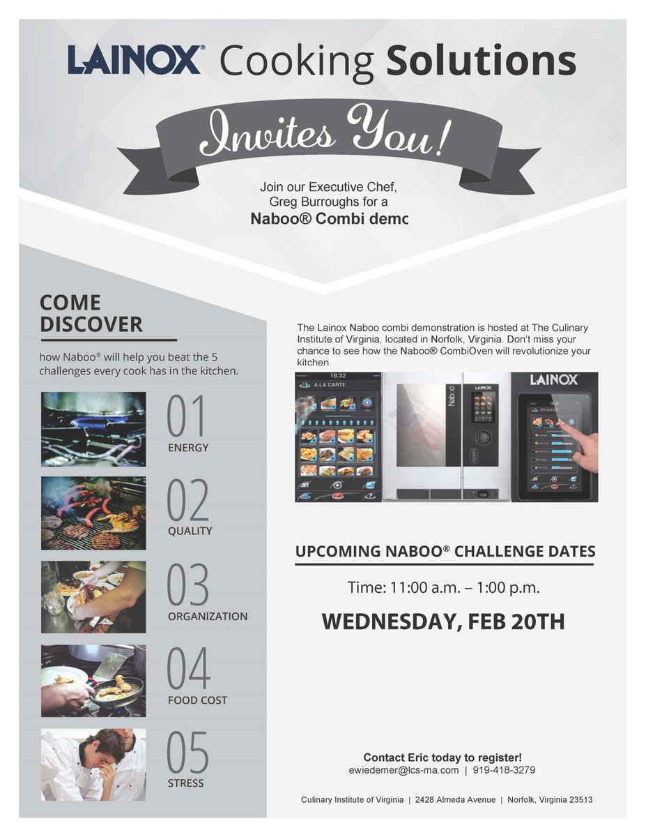 LainoxCooking's tweet image. Chefs, come join us on Wednesday the 20th at the Culinary Institute of Virginia.  Chef Burroughs will be putting our Lainox Combi through the paces utilizing various cooking styles and methods. #cooking #chef #restaurantequipment #greatfood @CIVChef @ACFCoastalVA