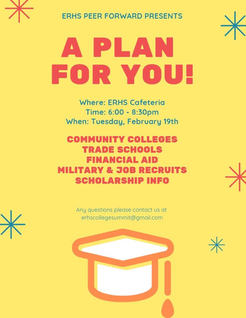 BowiePeerForwd's tweet photo. Hey Bowie! ERHS Peer Forward is hosting an event called “A plan for you” at their school February 19 from 6-8:30 pm. The event is to help promot post secondary plans ! 
more info contact: @SummitErhs https://t.co/kUGSNVLW4v