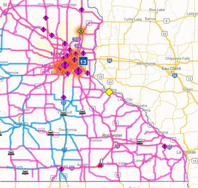 mndotsoutheast's tweet photo. Here's a current look at road conditions in southeast MN.
Pink means completely covered with snow.
Blue indicates partially covered roadways.
Expect slow travel until all highways are back in the green (clear of snow).
Check https://t.co/MEmqELpVHX for updates.
#MnDOT #MN511 https://t.co/MQpHh08uoS