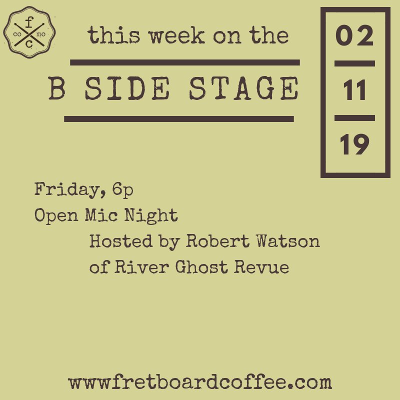 Fretboardcoffee's tweet photo. This week on the B Side Stage!

Open Mic Night -> https://t.co/dk5gzlL5Pi

#openmic #coffeeshop #MOCoffee #columbiamo #fretboardcofee #nvad https://t.co/KhTNKxApaC