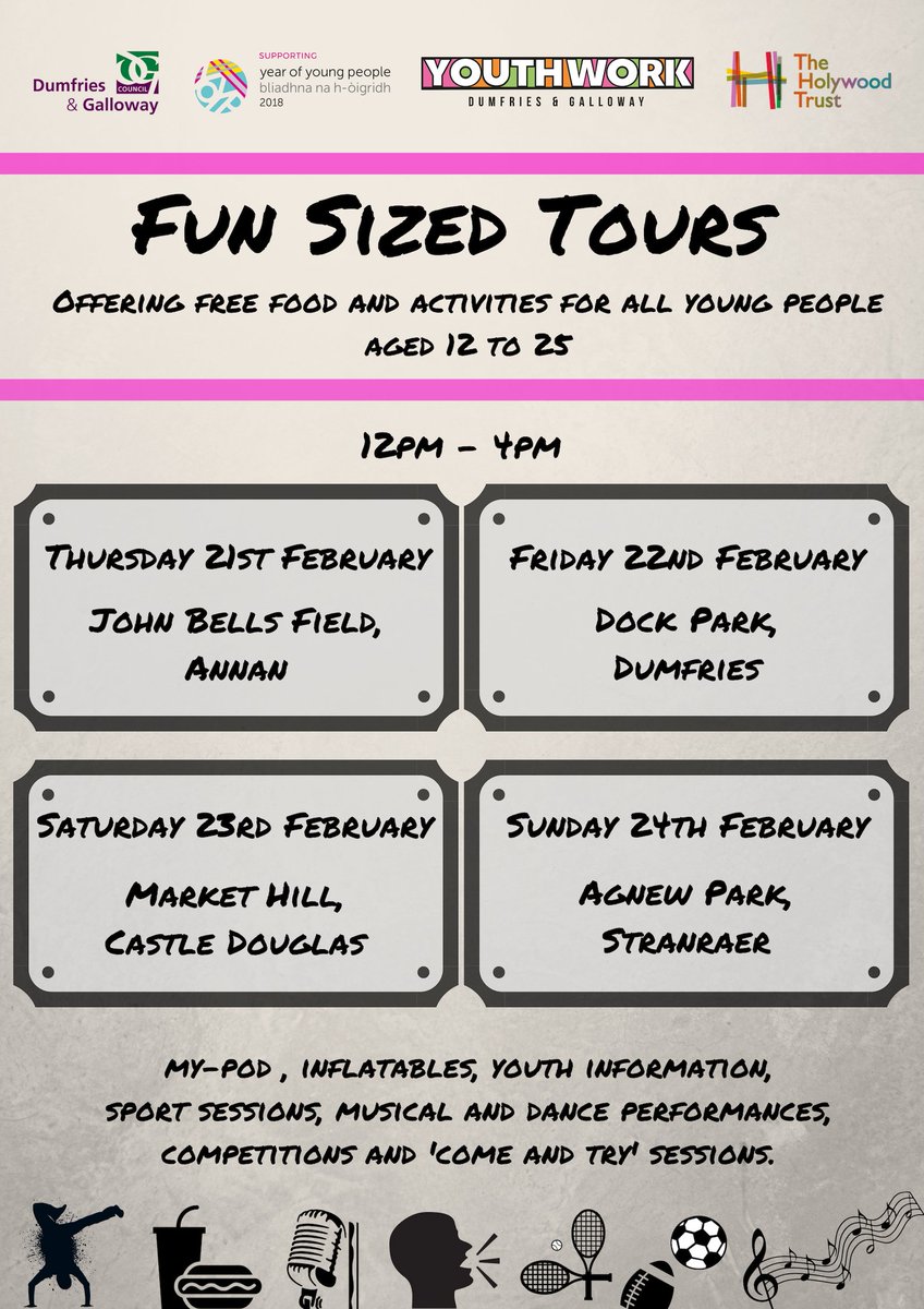 YOUTHWORKDG's tweet photo. Fun Sized Tours are here! Next week #YOYPDG will be out touring the region for one last time to celebrate #YOYP2018. Come and visit us at one of the 4 locations across the region! https://t.co/tjwGQ9UkP9