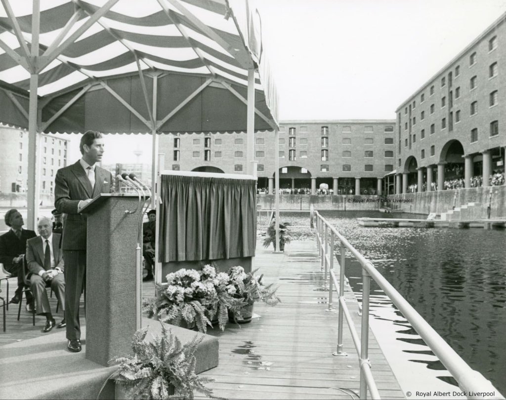 ClarenceHouse's tweet photo. The Prince reopened the regenerated Dock in May 1988 with the opening of Tate Liverpool, after years of decline and near demolition. Royal status was granted by The Queen in 2018 recognising the importance and historical significance of the Dock. #RoyalVisitMerseyside https://t.co/8HSXBbCYxP