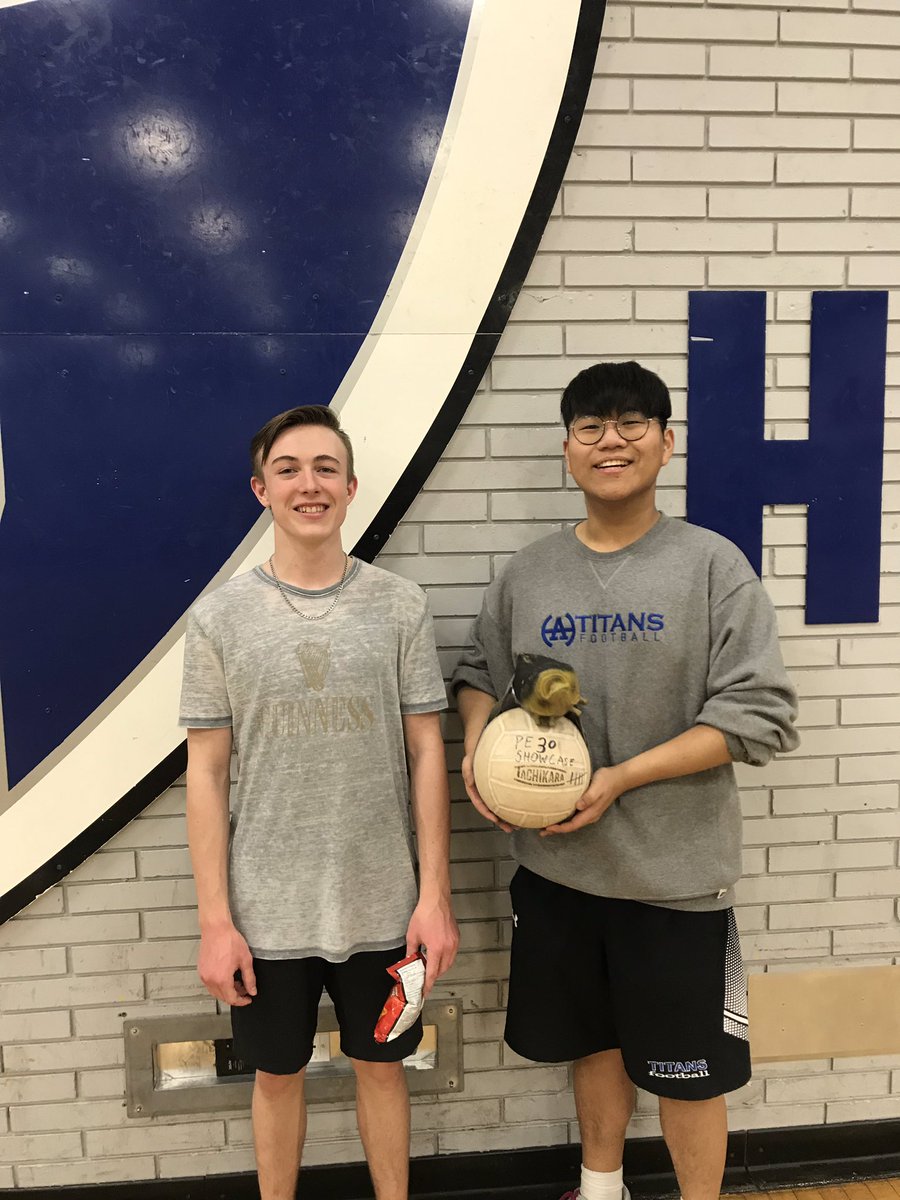 HATitansPE's tweet photo. PE 30 Showcase Badminton 🏸 winners Connor and Dohee with the prestigious Terry the Trout Trophy! https://t.co/UnbHliSGdm
