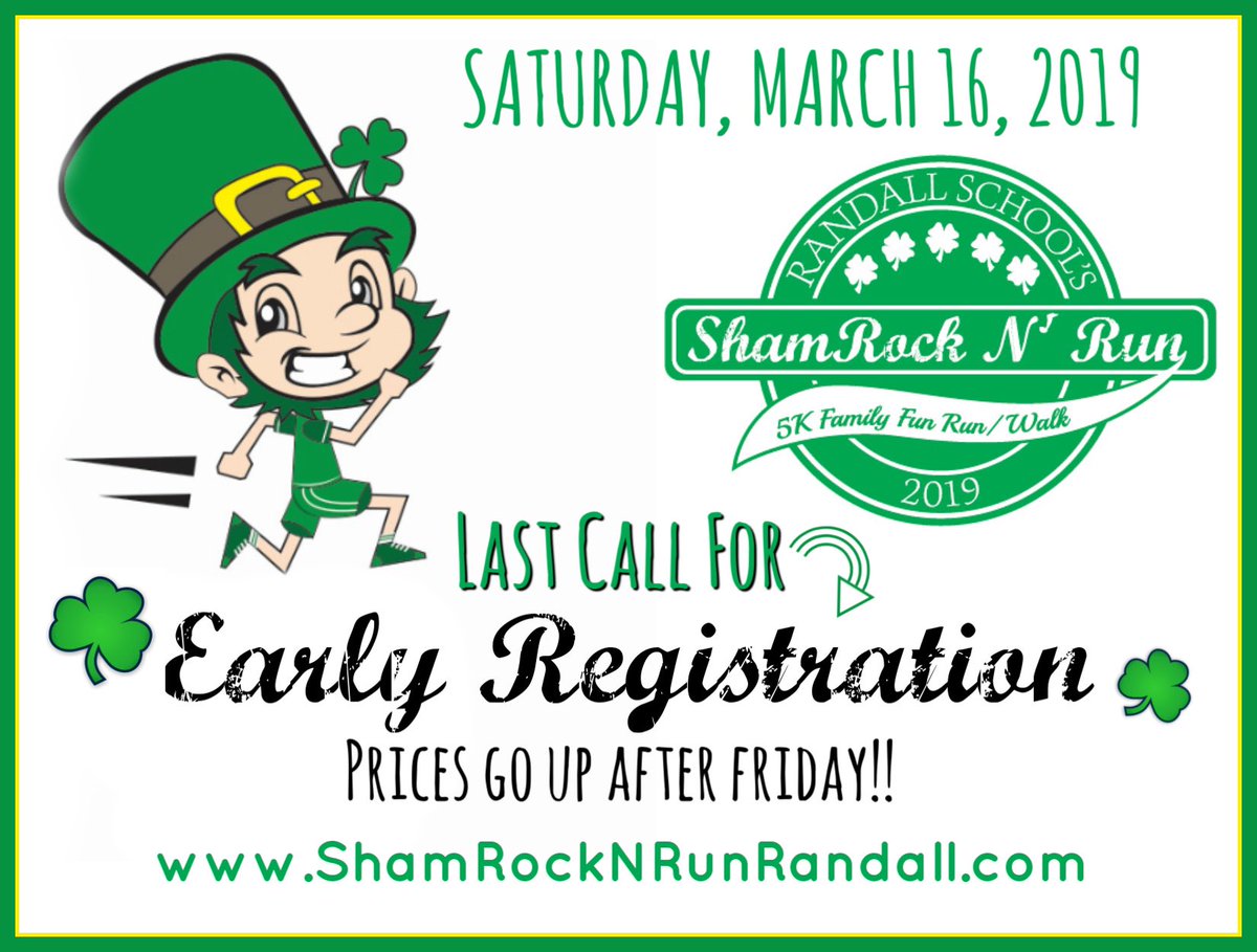 ShamrockRun2019's tweet photo. Don’t forget to sign up by Friday to take advantage of the early bird prices! https://t.co/myrOqOABBX @RandallCons @Kenosha_News @westofthei #shamrocknrunrandall #earlybirdrates  #dontmissout https://t.co/X5Qa3oLOWZ