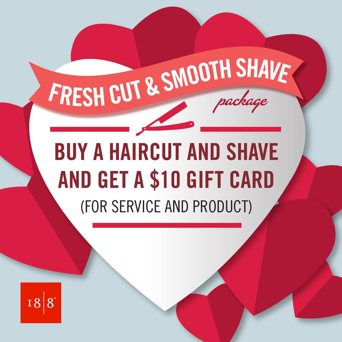 188salons's tweet photo. Valentine's Day is only 2 days away! Treat yourself or your significant other to a relaxing package during February at a participating location and receive a bonus gift card for use at a later time 🎁 Check with your local 18|8 salon for details 💈 #eighteeneight #valentinesday https://t.co/NVECbxMwls