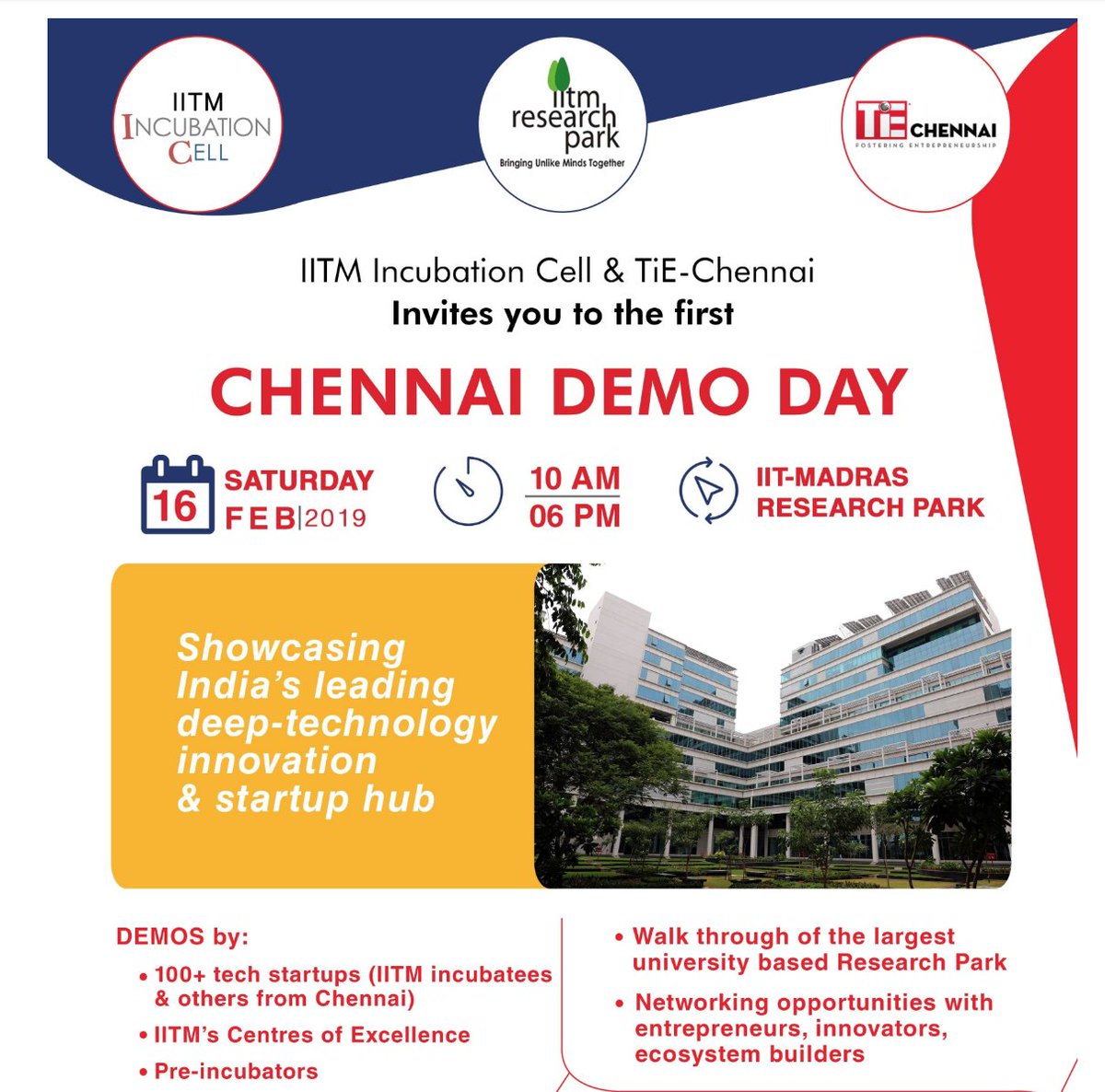IITMIC's tweet image. Delighted to invite you to the first #ChennaiDemoDay2019 on 16Feb @iitm_respark, co-hosted by @IITMIC &amp;amp; @TiEChennai 
Come, experience India&apos;s leading #deeptechnology #innovation &amp;amp; #startup hub. 100+ startups, #IITMadras&apos; Research Centres will demo. mailchi.mp/81c419eabf67/4…