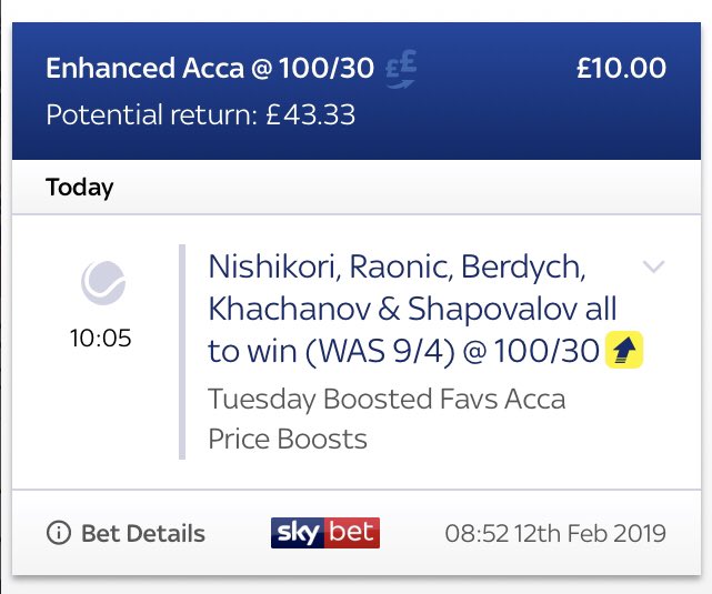TheBetBeast1's tweet photo. 2 bets today... 1st one... tennis acca boosted by skybet! #backthebeast https://t.co/O2BJE8X1r9
