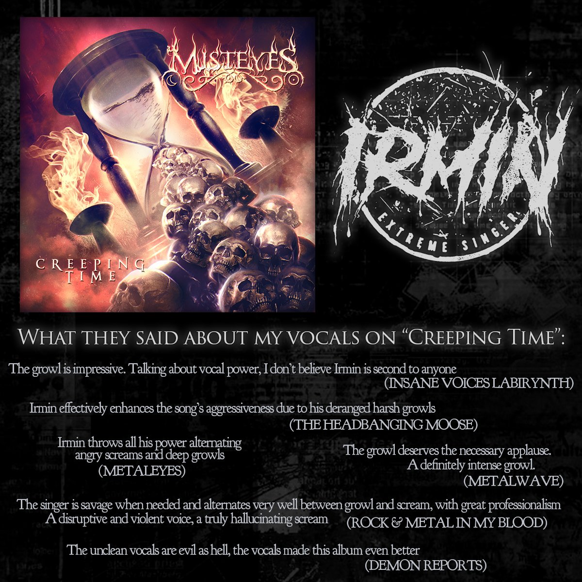 IrminSinger's tweet image. "Creeping Time" is the first album of my band Misteyes released in 2016 ⏳💀

I am still very proud of it and I am so honored about how well it was received by fans and critics 🎶 

#STAYEXTREME #irminextremesinger #irmin #extreme #singer #vocal #vocals #vocalist #growl #scream