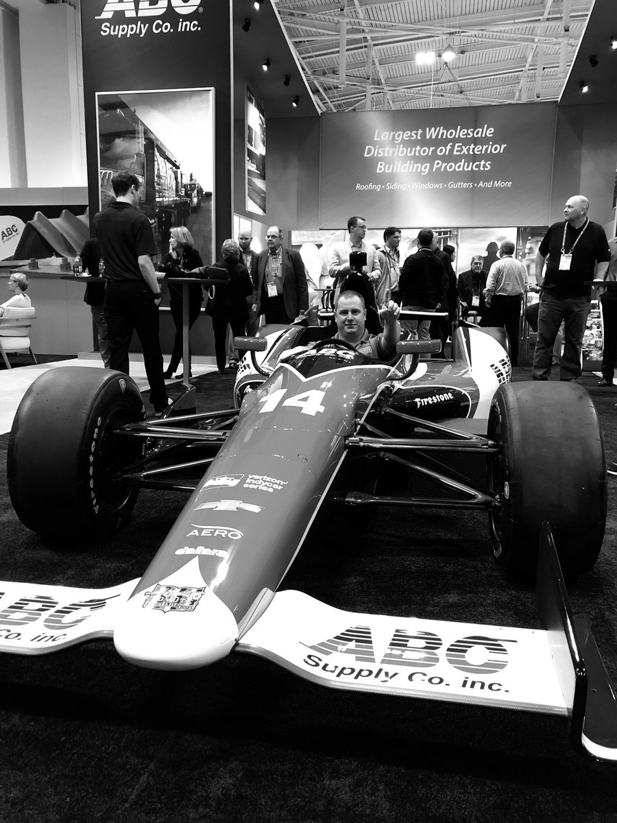 DaveB_ABCSupply's tweet photo. I found the next driver for @abcsupplyracing. None other than Chris Sutton from Phoenix Exteriors and Restorations trying on the ABC Supply #14 Car for size. #iwannagofast https://t.co/09vhH2KX4f