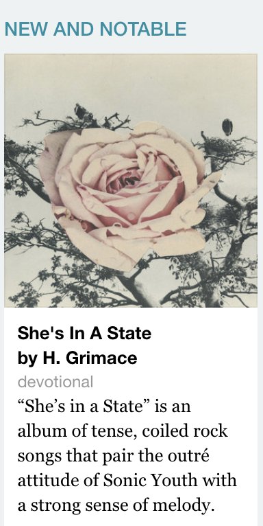 The lovely folks at <a href="/Bandcamp/">bandcamp</a> thought <a href="/H_Grimace/">H.Grimace</a>'s "She's In a State" was ~New &amp; Notable~ enough to throw the 7" up on their homepage! Cop it here: bit.ly/2W8lyNa